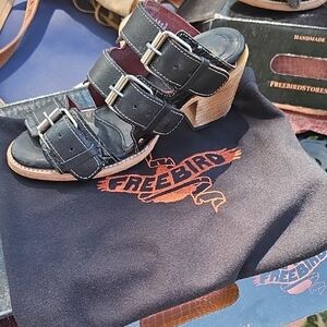 Freebird Black and Brown Leather Heeled Sandals